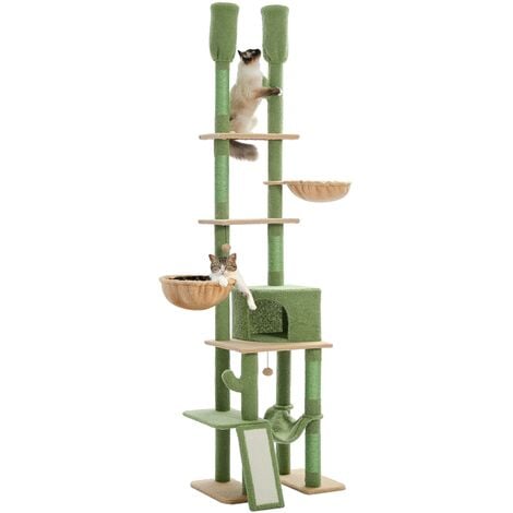 PAWZ Road Arbre à Chat Cactus du Sol au Plafond, 5 Niveaux avec Hamac Douillet, Plateformes, Niche, Griffoir pour Chat et Pompons Suspendues, Hauteur Réglable 216-285 cm, Vert