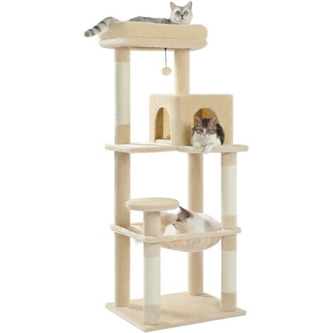 PAWZ Road Arbre à Chat en Bois, Tour de Chat Moderne, avec Griffoirs Sisal, Condo Confortable et Grand Hamac, 143cm, Beige