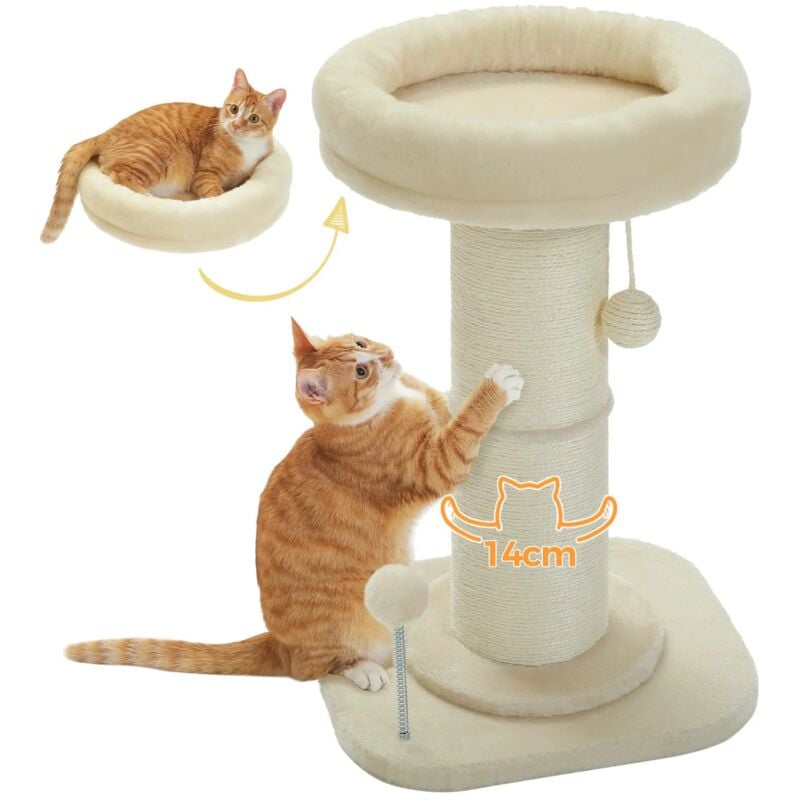Arbre à Chat, Griffoir pour Chat de Gros Diamètre 14cm avec Coussin Amovible, Pompon et Boule à Ressort, 60cm, Beige - Pawz Road