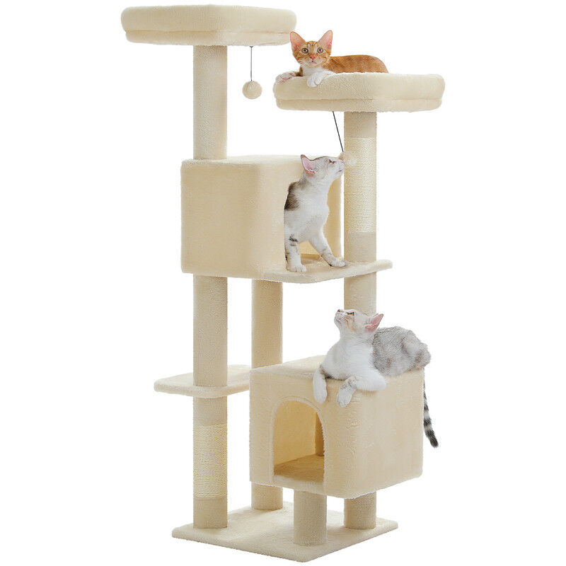 Arbre a Chat Multi-Niveaux, Arbre à Chat avec 2 Condos, 2 Perchoirs & Poteaux Sisal, 133cm, Beige - Pawz Road