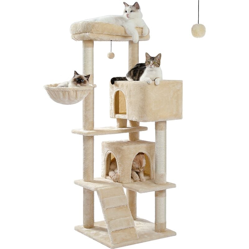 Arbre à Chat Xl avec Coussin Amovible, Poteau Griffoir, Condo Double, Large pour les Gros Chats, 143cm, Beige - Pawz Road