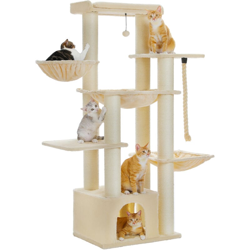 Pawz Road - Grand Arbre à Chat avec Poteaux xxl 11 cm en Sisal, Hamacs Spacieux, Condo & Perchoir, 170 cm, Beige