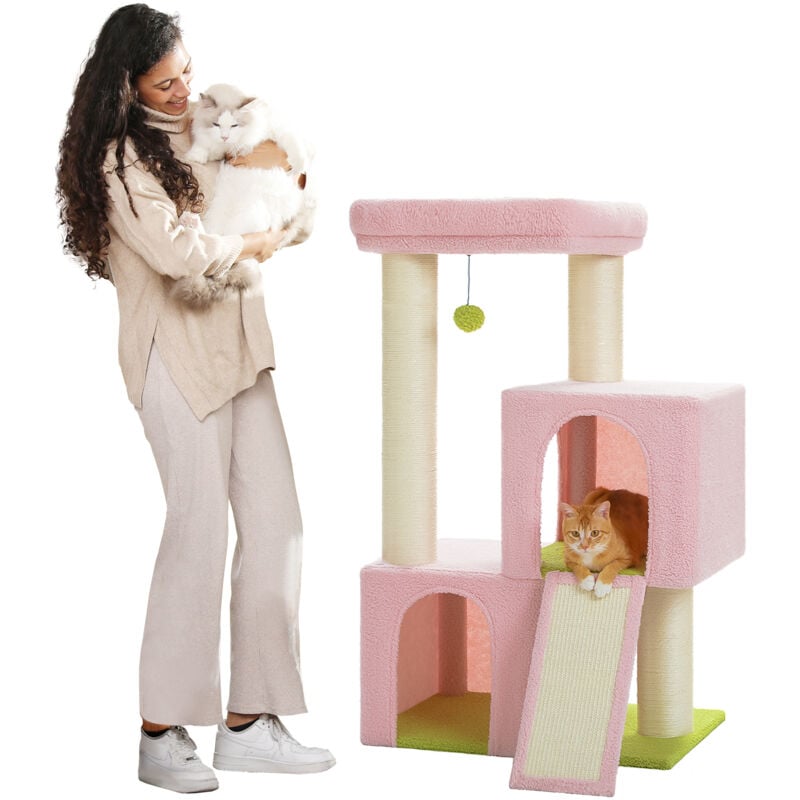 Pawz Road - Grand Arbre à Chat avec Poteaux xxl 11 cm en Sisal, Double Condos Spacieux & Perchoir Confortable de 52 54 cm, 114 cm, Rose