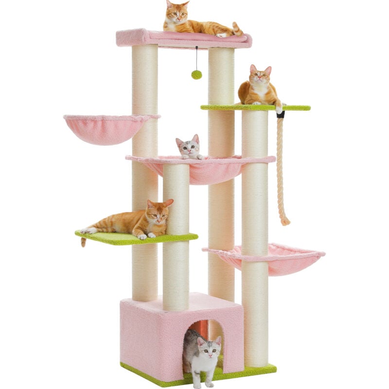 Pawz Road - Grand Arbre à Chat avec Poteaux xxl 11 cm en Sisal, Hamacs Spacieux, Condo & Perchoir, 170 cm, Rose