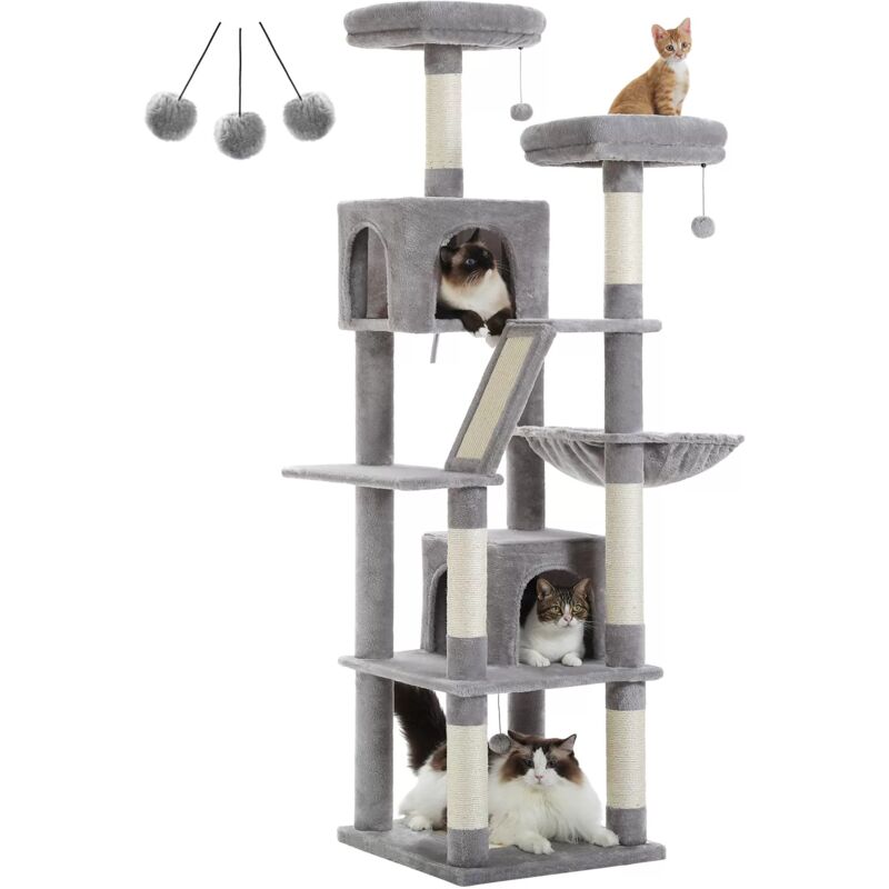 Grand Arbre à Chat Multi-Niveaux avec 6 Poteaux à Griffer, 2 Griffoirs, 2 Niches, 2 Pompons & 1 Hamac, 180cm, Gris - Pawz Road