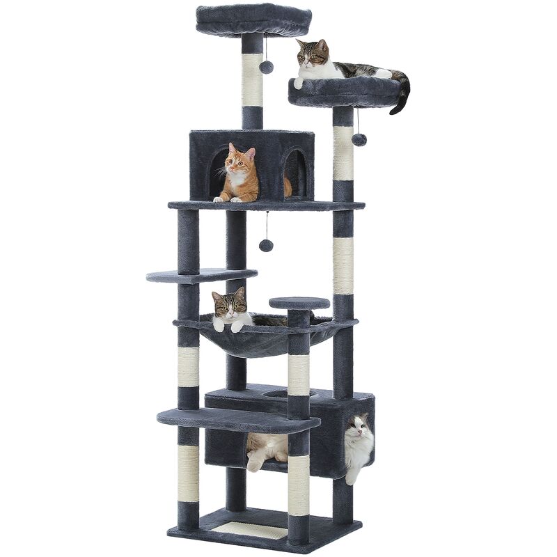Grand Arbre à Chat Géant, Poteau Griffoir Sisal, Panier et Maison super Large pour Chats - 184cm Gris Foncé - Pawz Road