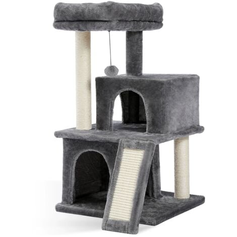 PAWZ Road Petit Arbre à Chat avec 2 Condos Douillets, Perchoir Moelleux, Griffoir et Poteaux en sisal & Pompons Suspendus, 86 cm, Gris