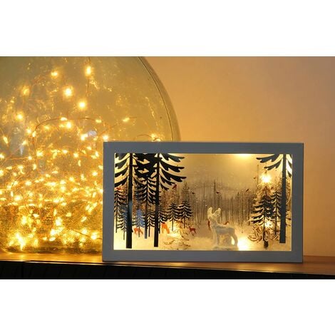 Paysage de Noël dans cadre en Bois, scène hivernale dans cadre lumineux motifs "Cerfs dans la forêt" hx15cm Lx25cm. ref 3999