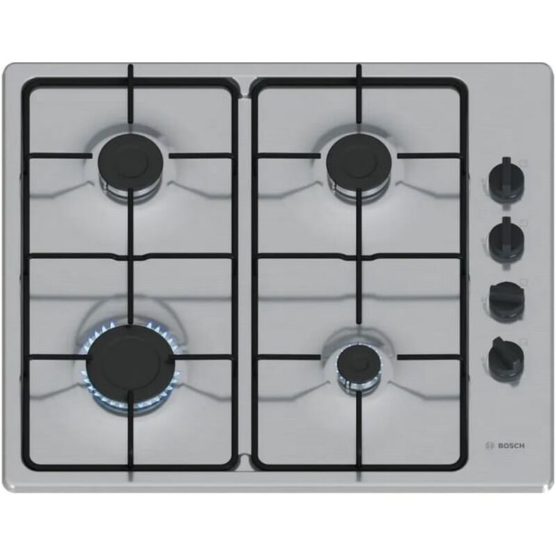 Bosch - Table gaz inox, 60 cm, SER2, inox, 4 brûleurs, Fonte avec pieds en caou PBP6B5K80
