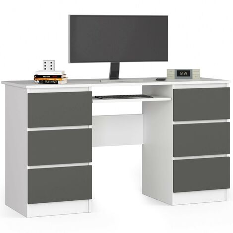 PC-Schreibtisch AKORD A11 in der Farbe Weiß mit 6 Schubladen Front Graphitgrau B135 x H77 x T50 cm