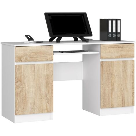 PC-Schreibtisch AKORD A5 in der Farbe Weiß mit 2 Schubladen Front Sonoma-Eiche und 5 Ablagen B135 x H77 x T50 cm