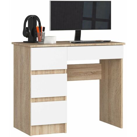 PC-Schreibtisch AKORD A7 links in der Farbe Sonoma-Eiche mit 4 Schubladen Front Weiß B90 x H77 x T50 cm
