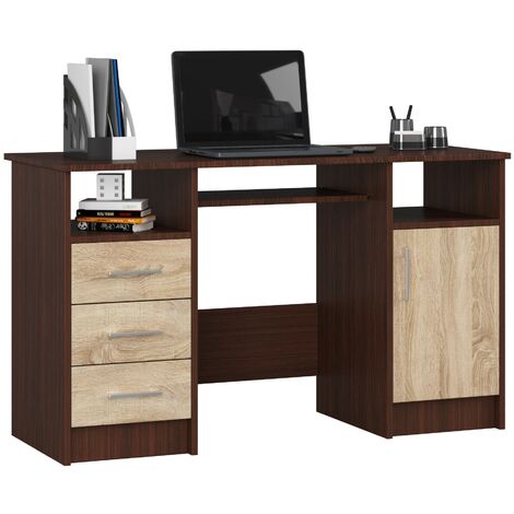 PC-Schreibtisch AKORD ANA in der Farbe Wenge mit 3 Schubladen Front Sonoma-Eiche und 5 Ablagen B124 x H74 x T52 cm