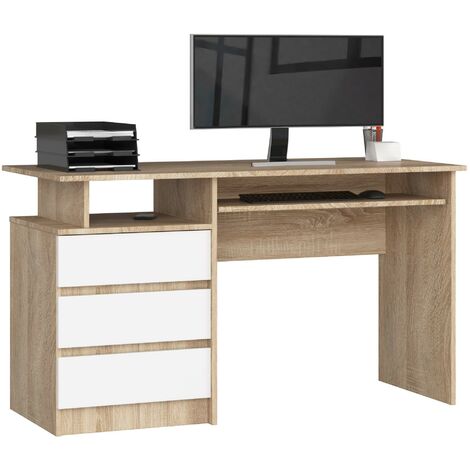 PC-Schreibtisch AKORD CLP in der Farbe Sonoma-Eiche mit 3 Schubladen Front Weiß und 2 Ablagen B135 x H77 x T60 cm