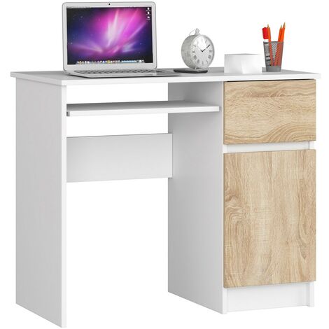 PC-Schreibtisch AKORD PIKSEL rechts in der Farbe Weiß Schublade Front Sonoma-Eiche und 3 Ablagen B90 x H77 x T50 cm