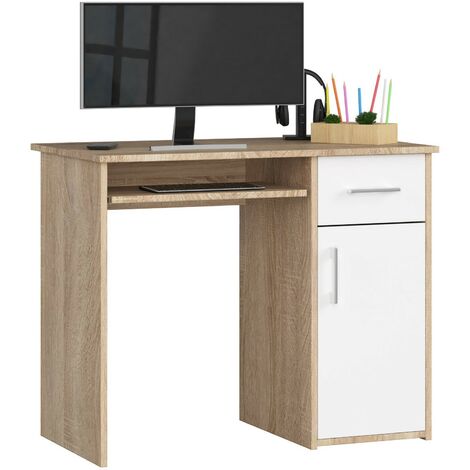 PC-Schreibtisch AKORD PIN in der Farbe Sonoma-Eiche Schublade Front Weiß und 3 Ablagen B90 x H74 x T50 cm
