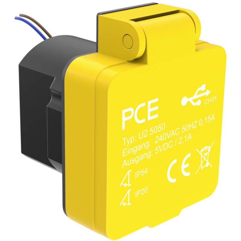 PCE - U25050 Prise de courant en saillie avec sortie de charge usb IP54 jaune