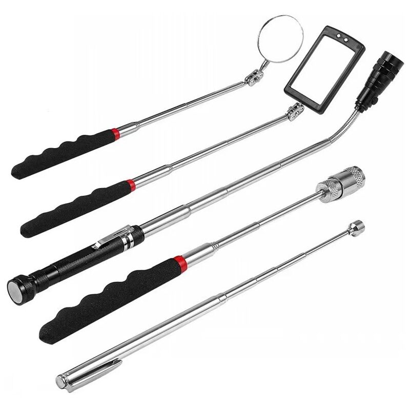PCS Outil de Préhension Magnétique Télescopique,Avec lampe miroir carré + Miroir rond + lampe de poche + 20 LB + 1,5 lb