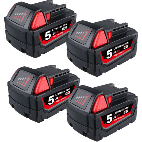 Pdstation – Batterie de remplacement 4X 18V 5.0Ah pour outils Milwaukee M18 – Technologie Li-ion – Affichage LED état de charge – Longue autonomie - M18B5