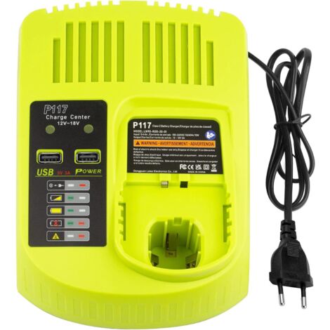 Pdstation – Chargeur de batterie double port 12V-18V pour Ryobi – 3A Li-ion/Ni-Cd/Ni-MH – Tension d'entrée 110-240V – Ports USB 3A - BPL-1815