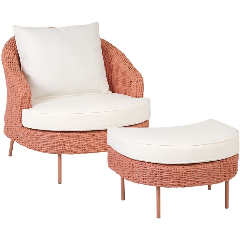 Beliani - pe Rattan Garden Armchair with Footstool Wicker Peach Pink Arcille