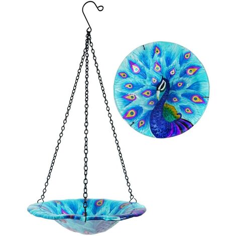 Peacock Decor Collection 8 "Glass Tray Metal Art Peacock Plate Hanging Bowl Bird Feeder Birdbath, Total Height 17" Chain Included