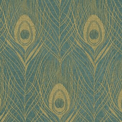 main image of "Peacock Feather Luxury Wallpaper Turquoise Gold Bird Green AS Creation"