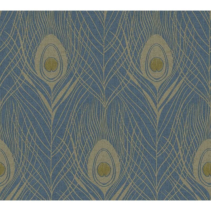 A.s Creation Luxury Peacock Bird Feather Design Wallpaper Non Woven Vinyl Roll[36971-2 Gold Dark Teal Blue] - Gold Dark Teal Blue