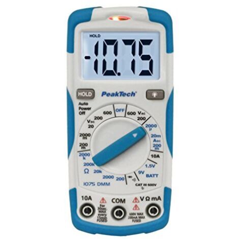 Peaktech 1075 - Multimetro Digitale Ncv Cat Iii con Schermo LCD Illuminato, Tester Batteria, Multimetro Portatile, Amperometro Elettronico, Tester di Continuità, Voltmetro - Max. 600 V