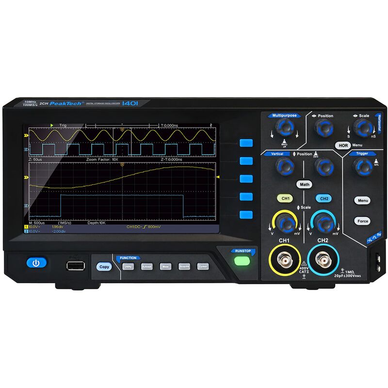 Image of 1401, oscilloscopio di memoria digitale, 2 canali, 10 MHz, 100 MS/s, interfaccia usb, software pc, p 1401, nero - Peaktech