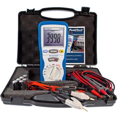 Peaktech 2705 – Milliohmetro Digitale con Puntali Kelvin a 4 Pin, Misurazione della Distanza, Tüv/Gs, Multimetro, Tester di Continuità, Grafico a Barre - Cat Iii 1000 V