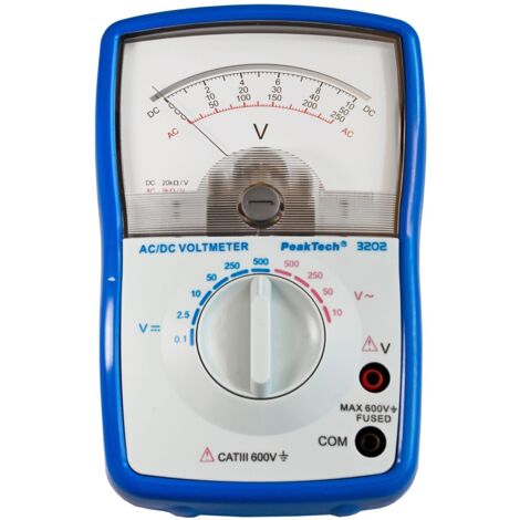 PeakTech Voltmetro analogico Cat III 600 V max. 500 V AC/DC 0, 1 V/2,5 V/10 V/ 50 V/ 250 V/ 500 V DC e 10 V/50 V/ 250 V/ 500 V AC strumento analogico, 1 pezzo, P 3202