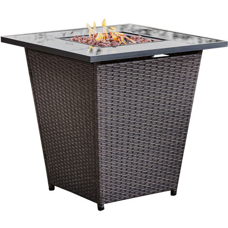 Peaktop by Teamson Home Garden Rattan Propane Gas Fire Pit Table, Patio Furniture, Outdoor Heater Firepit with Lava Rock & Cover - Brown