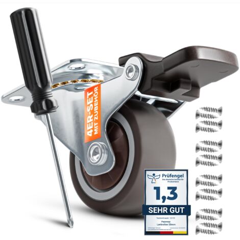 PEARWAY™ Ruote girevoli Premium da 32 mm con freno [4 pezzi fino a 60 kg] con accessori di montaggio, robuste ruote per il trasporto con 4 freni di sicurezza, ruote con freno, ruote per mobili