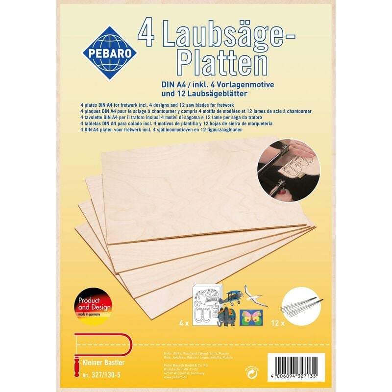 Pebaro 327/130-5 - Set di 4 tavolette di compensato di betulla per traforo, 12 seghetti inclusi