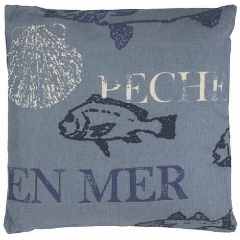 PECHE - <p>Coussin en coton motifs pêches et poissons bleu 38x38</p>