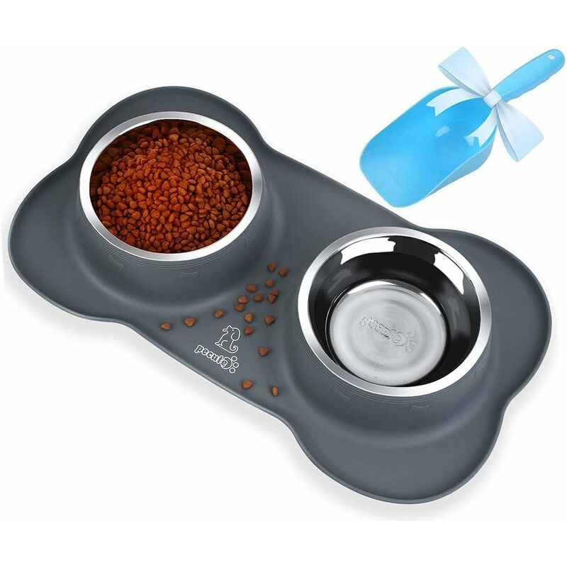 

Pecute Cuenco antideslizante para perros y gatos, cuenco doble de acero inoxidable para perros con tapete de silicona antiderrame, cuenco plegable