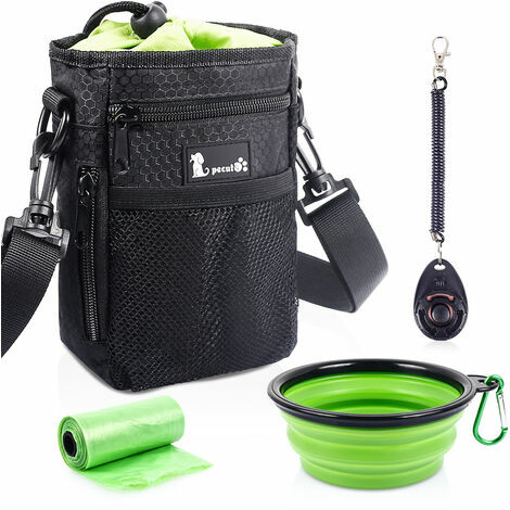 Pecute Sac Friandise pour Chien Accessoires de Dressage Chien avec Un rouleau de 15 sacs à crotte, une gamelle pliable de voyage et un clicker chien Noir M