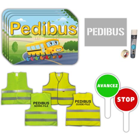 Pedibus Kit Officiel. Kit Panneaux, Pochoir, Chasubles, Raquette Circulation Pedibus. Signalisation Pedibus. Panneau Pedibus. Pochoir, Gilet, Raquette Circulation Pedibus. Équipement Sécurité Scolaire