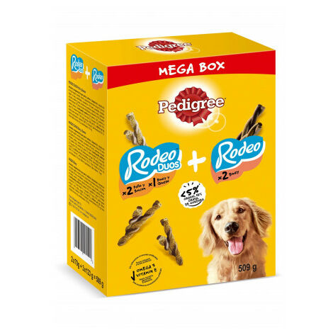 Pedigree Rodeo Mega box snacks para perro sabores mixtos 14 x pollo bacon 8 buey 7 queso 509g adultos pequeños medianos 509