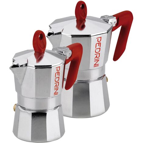 Pedrini Set 2 Caffettiere Moka 1 Tazza e 3 Tazze in Alluminio Alimentare con Valvola di Sicurezza e Manico Termoresistente Design Italiano Espresso Singolo e Famiglia Guarnizione in Silicone Atossico