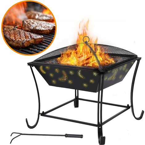 PEDY Pozo de fuego al aire libre, pozo de fuego al aire libre, con rejilla de parrilla y cubierta de parrilla y atizador ignífugos, cuenco de calefacción / parrilla, 62 61 61 cm, para jardín, terraz