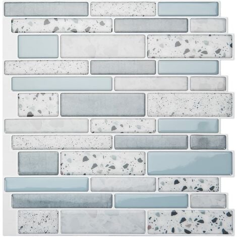 Peel and Stick Wall Tiles Splashback Self Adhesive Wall Tiles Stone Design, 10 Sheets, Marble, 30x30cm (Blue)