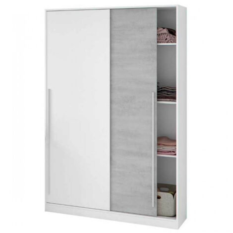 Pegane – Armoire 2 portes coulissantes blanc artic et ciment – Longueur 120 cm, hauteur 200 cm, profondeur 50 cm – Barre de penderie amovible en aluminium