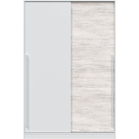 Pegane – Armoire 2 portes coulissantes blanc artic et blanc velho – Longueur 120 cm x Hauteur 200 cm x Profondeur 50 cm – Barre de penderie amovible en aluminium