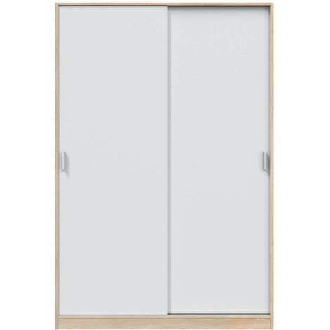 Pegane – Armoire 2 portes coulissantes chêne canadien et blanc artic – Longueur 120 cm x Hauteur 200 cm x Profondeur 50 cm – Barre de penderie amovible