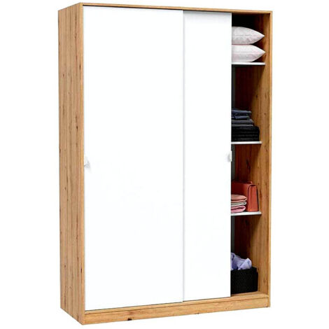 Pegane – Armoire 2 portes coulissantes chêne nordique et blanc artic – Dimensions 120x200x50 cm – Barre de suspension amovible – 4 étagères réglables