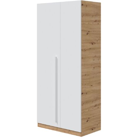 Pegane – Armoire 2 portes en panneaux mélaminés blanc artik/chêne – Longueur 90 cm x Profondeur 52 cm x Hauteur 200 cm – 3 étagères charge max 8 kg