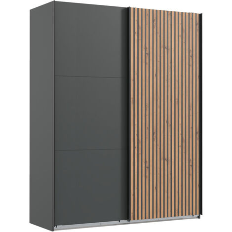Pegane – Armoire à portes coulissantes graphite imitation chêne – Dimensions 200 x 216 x 65 cm – Panneaux mélaminés pour rangement moderne