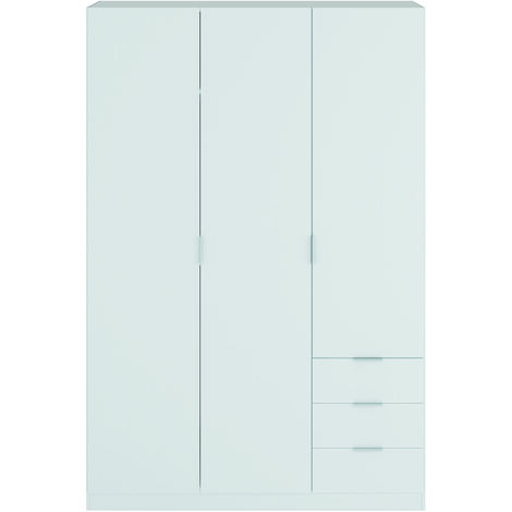Pegane – Armoire blanche 3 portes 3 tiroirs en mélamine – Dimensions 180 x 121 x 52 cm – Rangement optimisé pour chambre